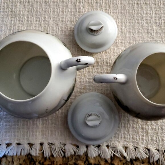 RARE Vintage Kutani Scene Mt Fuji River Boats Hand Painted Pitcher Set with Lids - Picture 3 of 8